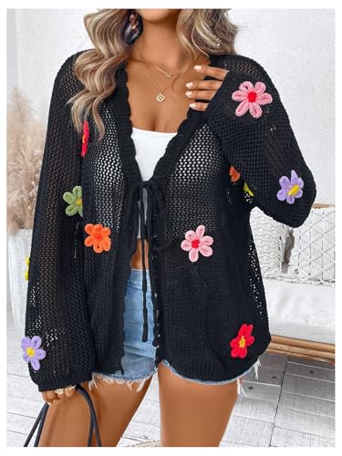 SOLY HUX Women's Plus Size Hollow Out Floral Tie Front Cardigan Sweater Knit Long Sleeve Shirts Lightweight Outerwear4