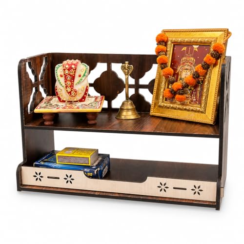 Image of Zesta Wooden Mandir for Home Big Size | DIY Pooja Mandir with LED Spot Light | Devghar Cabinet for Living Room or Office | Wall Mounted Pooja Unit for Home (Double Step)