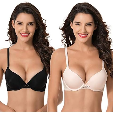 Curve Muse Womens Plus Size Perfect Shape Add 1 Cup Push Up Underwire Tshirt Bra-2PK-Peach,Black-44B Cover