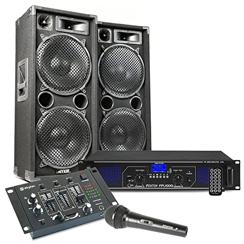 MAX212 - DJ Starter Kit - DJ Boxen Set 2800 Watt inklusive DJ Mixer, Verstärker mit Bluetooth, MP3, USB, MAX212 Bundle 2 Lautsprecher mit Verstärker, PA-Anlage Komplett Set