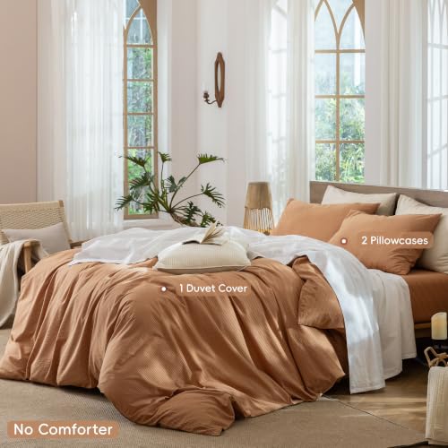 Image of MooMee Striped Duvet Cover Set 100% Washed Cotton Linen Like King | Relaxed Linen-like Texture. Soft, Breathable & Long-lasting Comfort. Lightweight. Hidden Zipper with 8 Interior Corner Ties