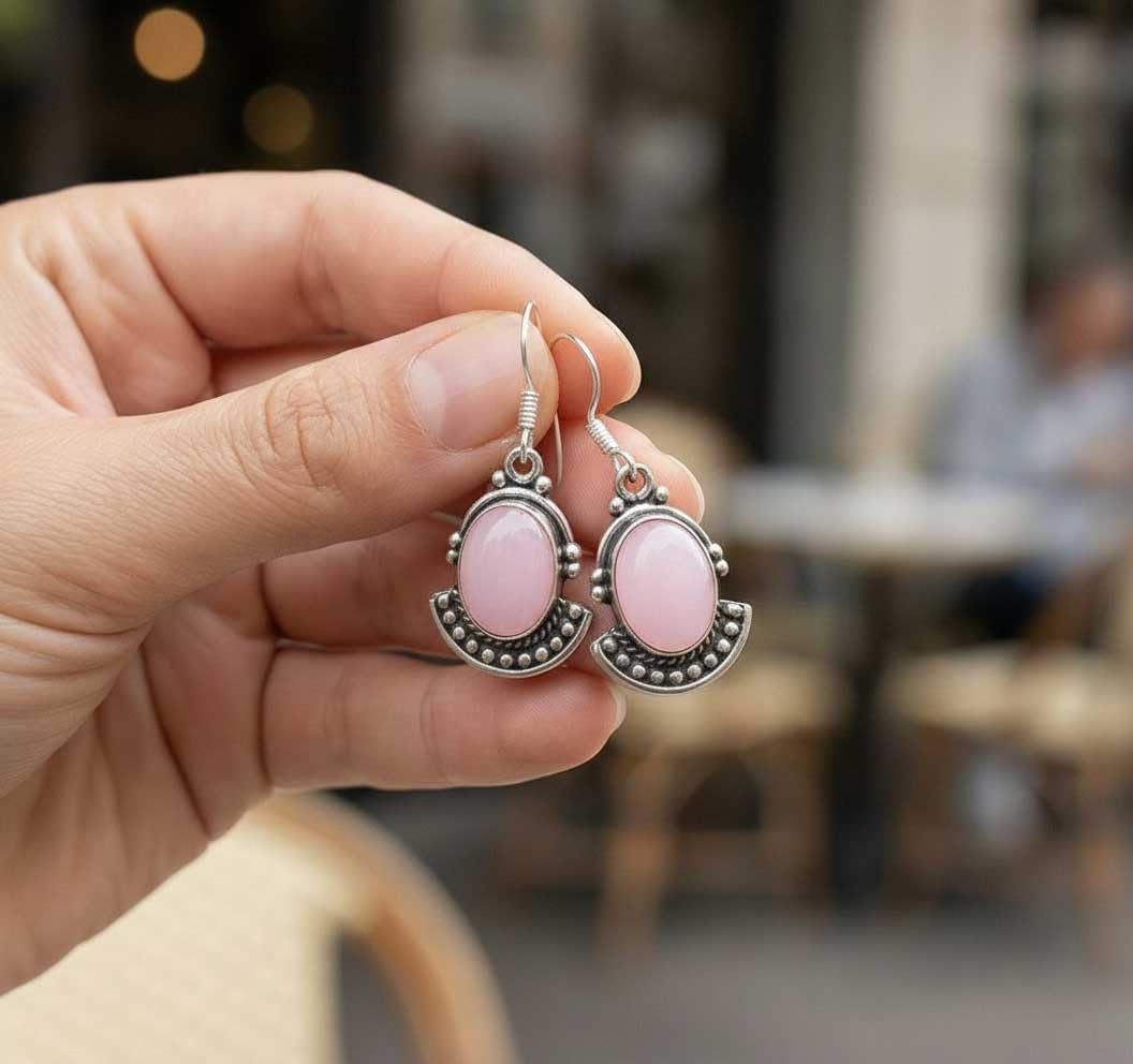 Boho Handmade Jewelry Natural Gemstone Carnelian, Moonstone, Rose Quartz, Amber Oval 925 Sterling Silver Overlay Drop Dangle Earring For Women