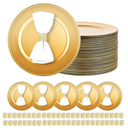100 Pcs Charger Plates Bulk with 50 Napkin Rings 50 Plastices Plate Charger