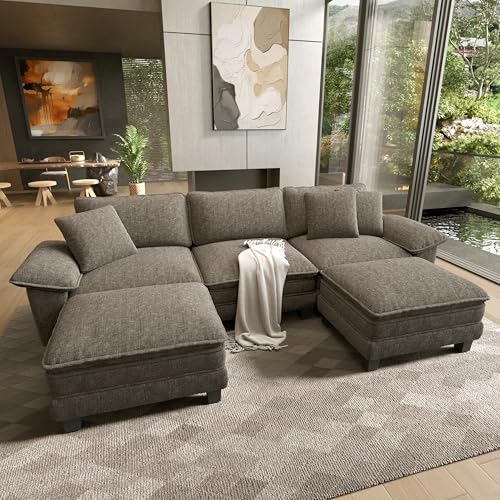 Image of HERA'S HOUSE 124 inch Oversized Modular Sectional U Shaped Sofa,Chenille Ash | 5-Seater Living Room Couches, Wider Armrest and Deep Seat, Comfy Cloud Couch with Ottoman, Light Gray