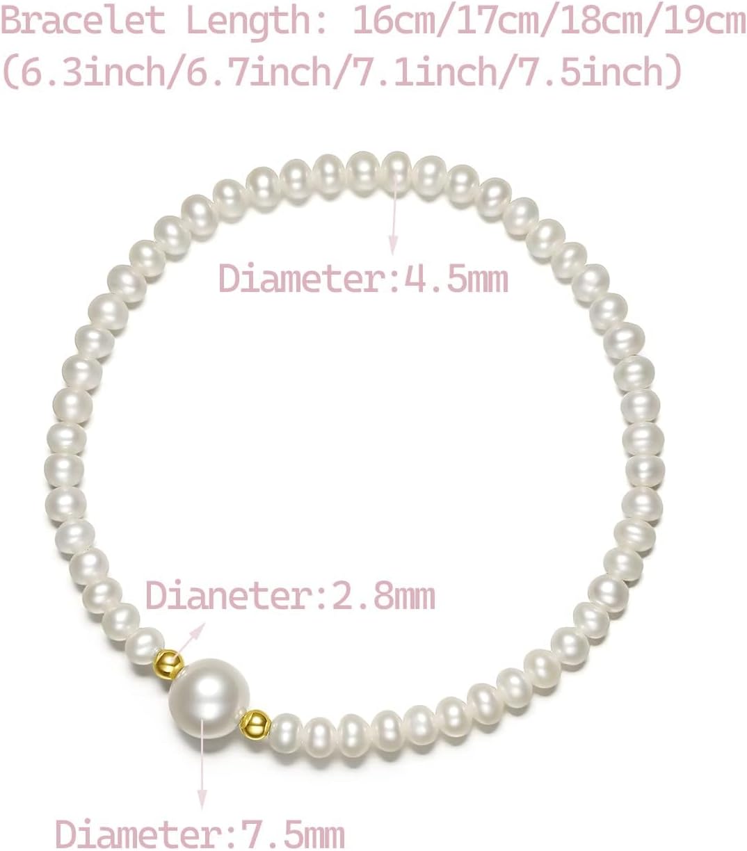 ZHOU LIU FU 18K Gold Pearl Bracelets for Women 4.5mm Freshwater Pearls Stretch Beaded Bracelet AAA+ Quality White Pearl with 18K Real Gold Beads Dainty Jewelry for Her X199040 16/17/18/19cm