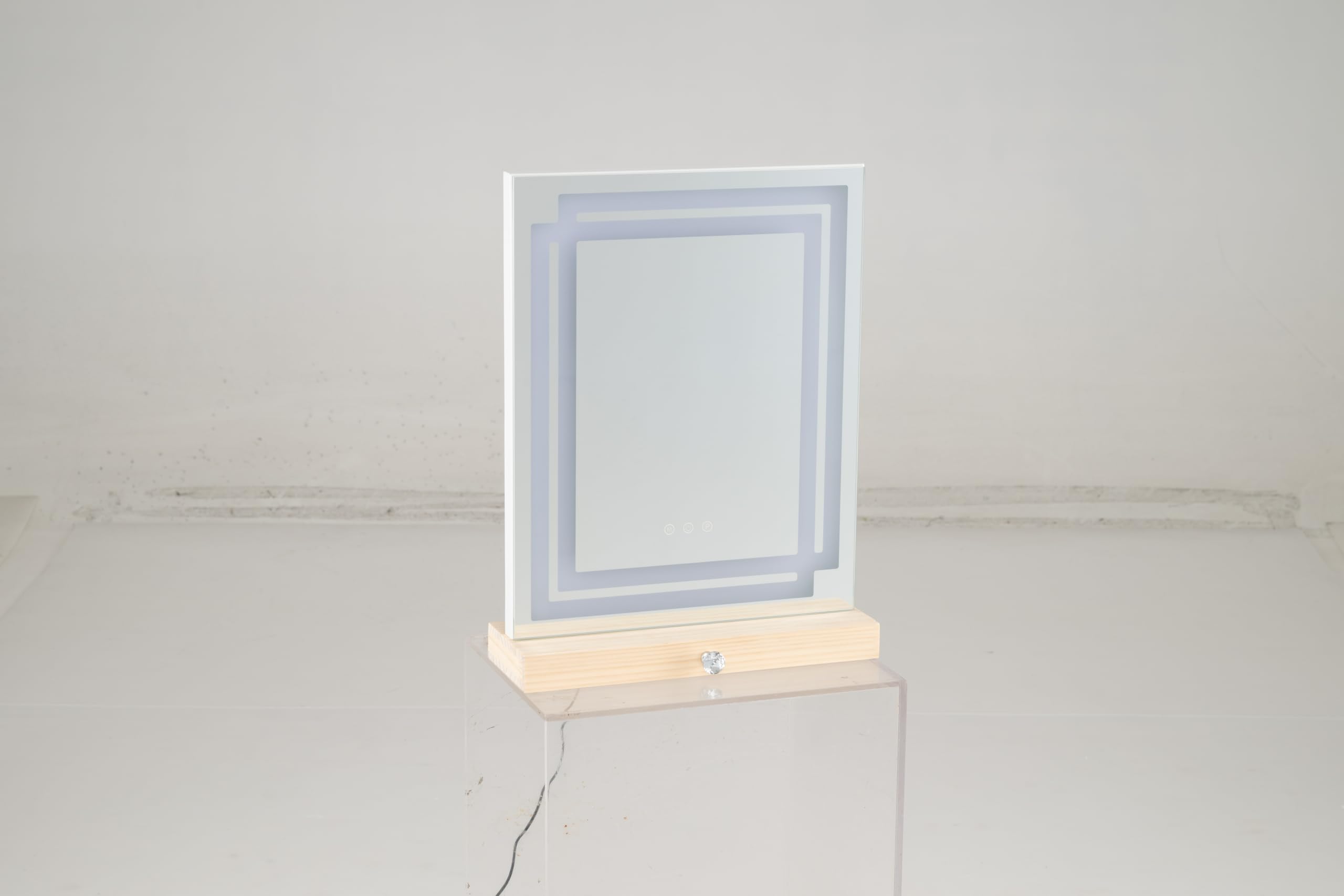 HOMASIS LED Schminkspiegel 41 x 50 cm mit Holz Aufbewahrungsbox | Kosmetikspiegel mit Beleuchtung, 3 farbigen dimmbaren Modi und Smart-Touch-Steuerung für Schminktisch, Schlafzimmer