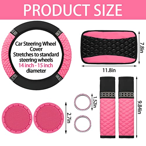 17 Pcs Bling Car Accessories Set For Women, Seat Covers Leather Steering Wheel Cover, Seat Belt Shoulder Pad Armrest Cup Holders Covers, Full Crystal Decor Automotive Interior (Pink And Black) #TOP5