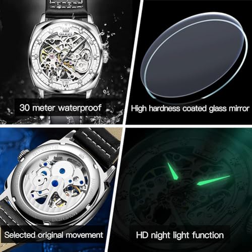 Image of OUPINKE Mens Watches Automatic Skeleton Mechanical Watches for Men Self Winding Luxury Fashion Leather Strap Steampunk Style Luminous Waterproof Men Wrist Watches