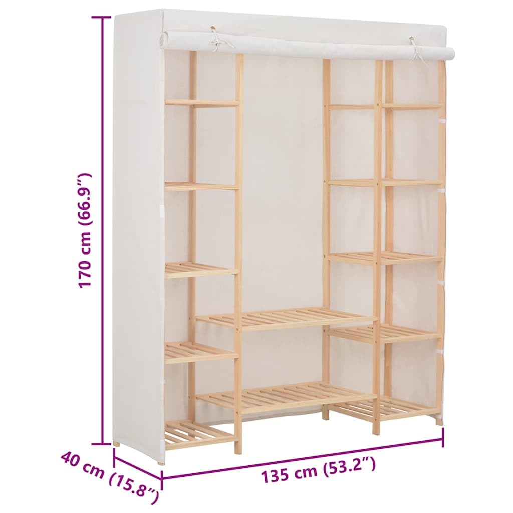 Armoire en tissu blanc avec cadre en bois de sapin massif, 135 x 40 x 170 cm, penderie pour chambre à coucher, couloir, avec espace de rangement et organisateur pour chambre d'enfant, chambre