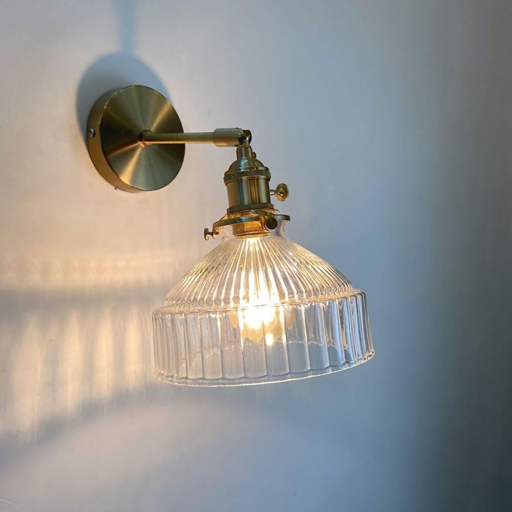 CWCQGH Modern Stripe Glass Wall Lamp Nordic Adjustable Indoor Wall Light with Brass Rotary Switch, Antique Brushed Gold Retro Wall Sconce Fixture Rotatable Hand-Blown Glass Wall,Transparent