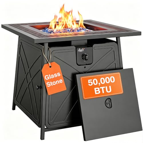 BALI OUTDOORS Gas FirePit Table, 28 inch 50,000 BTU Square Outdoor Propane Fire Pit Table with Lid and Blue Fire Glass