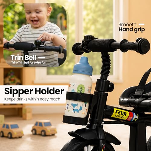 Image of Luusa Elite 500 Kids Tricycle with Parent Push Handle & Safety Seat Belt - Premium 3 Wheel Toddler Cycle with Storage Basket & Comfortable Backrest for 1-4 Years Boys & Girls (Black)
