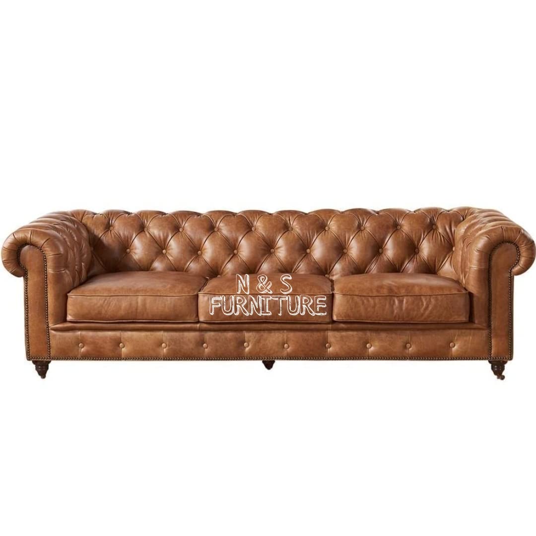 N & S FURNITURE Modern Tufted Leatheratte 3 Seater Chesterfield Sofa for Home & Living Room & Office & Guest Room Color (Brown)