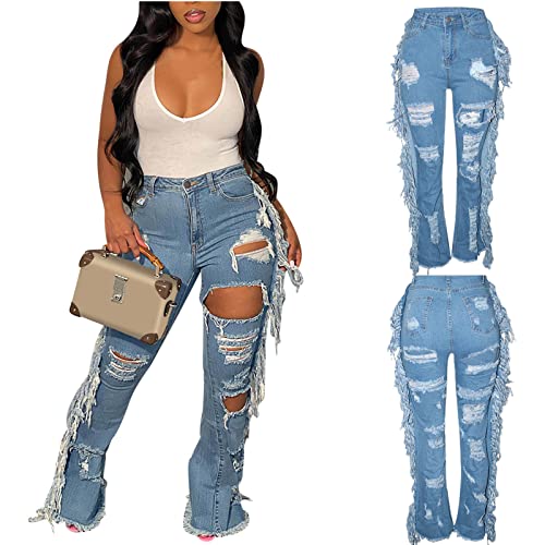 HGps8w Women's Skinny Tassel Jeans High Waisted Ripped Destroyed Denim Pants Cut Out Fringe Flare Jeans Trousers2