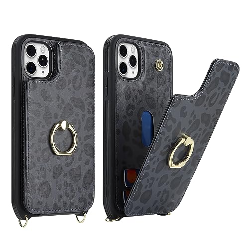 Image of for iPhone 11 Pro Phone Case with Card Holder and Strap for Women,Crossbody Lanyard,Kickstand Ring Stand,Snap Clasp,Cute Phone Wallet Cases 5.8 inch(Black Leopard)