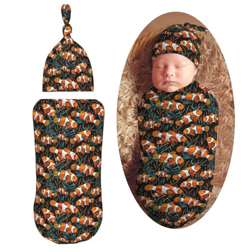 Image of Tropical Fish Clownfishes Newborn Swaddle Blankets Hat Sets Soft Baby Receiving Blanket Swaddle Sack for Baby Shower Infant Boy Girl Gift