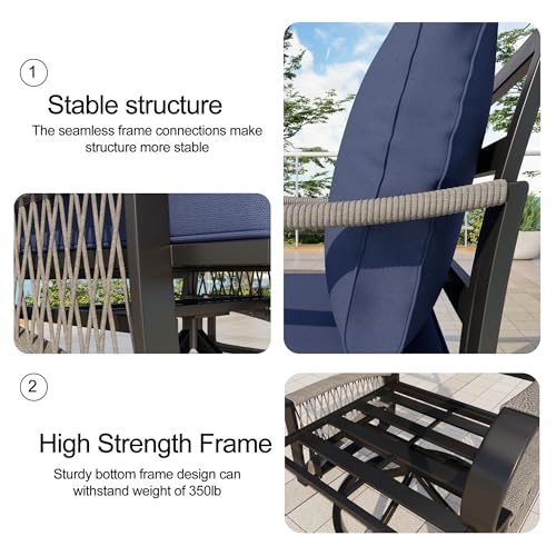 Image of 6 Pieces Patio Conversation Sets, All-Weather Metal Swivel Rocking Chairs with Rope Furniture Set, Outdoor Sofa Couch for Deck, Porch, Garden, Backyard, Poolside (Blue Cushions)