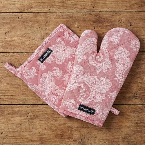 Image of Encasa XO Heat Resistant 100% Cotton Oven Glove & Potholder Set with Loop, Kitchen Cooking Mittens, Microwave Safe Hot Pads (Floral Red)