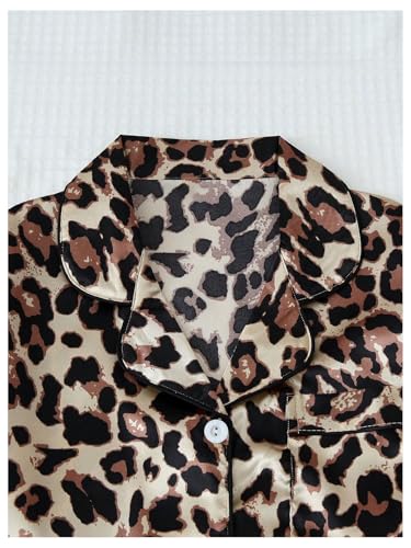 Image of SHENHE Women's 2 Piece Satin Pajama Set Leopard Short Sleeve Button Down Pj Shorts Set