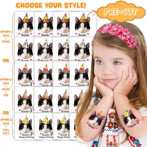 Image of Custom Cat Face Temporary Tattoos | Personalized Pre-Cut Photo, Birthday Hat and Cat Name or Text, Set of 20, Funny Party Favors, Cat Lovers