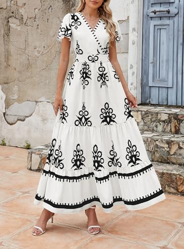 Image of PRETTYGARDEN Womens 2026 Summer Casual V Neck Boho Maxi Dress Flowy Aline Bell Sleeve Tiered Floral Dresses with Pocket