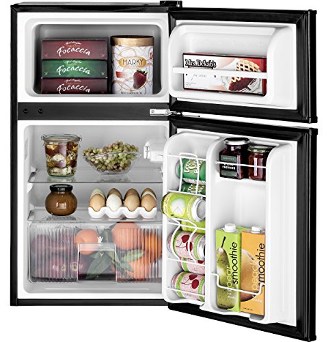 GE Mini Fridge With Freezer | 3.1 Cubic Ft. | Double-Door Design With Glass Shelves, Crisper Drawer & Spacious Freezer | Small Refrigerator Perfect for the Garage, Dorm Room, or Bedroom | Black - Image 6