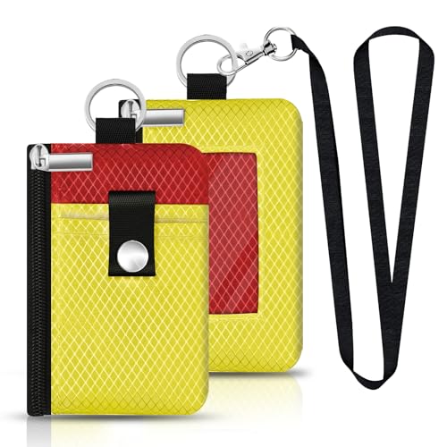 Image of Minimalist RFID Blocking Small Wallet with ID Window,WaterResistant Zip Id Case Wallet with Lanyard Keychain for Cards,Cash,Travel,Women,Men (Lemon Yellow /Red)