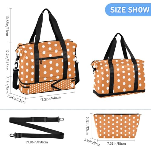 Polka Dots Orange White Gym Bag for Women Sport Travel Duffel Bag Shoulder Weekender Overnight Bags with Wet Pocket & Shoe Compartment3