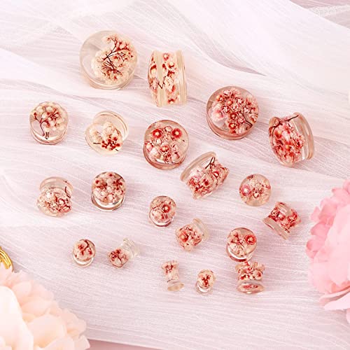 Jewseen 2Pcs Flower Ear Gauges 2g to 1'' Organic Real Flower Resin Plugs3