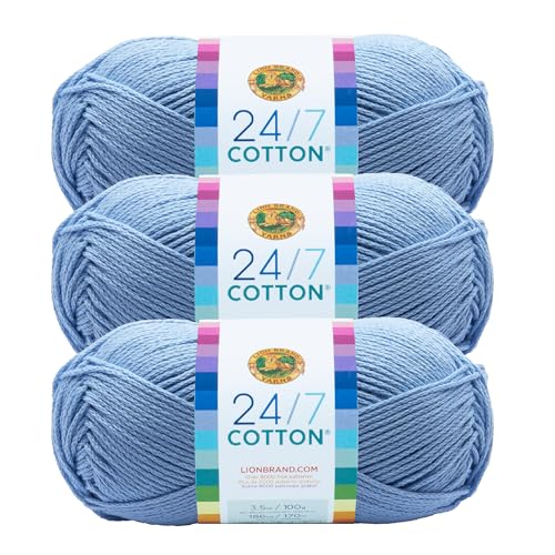 Image of Lion Brand Yarn, 24 /7 Cotton Yarn, Sky, Blue Grey, 3 Pack | Light Worsted 100% Mercerized Cotton Yarn for Crochet, Knitting, Craft, 185 Yards of Natural Fiber for Tees, Bags, Dishcloths