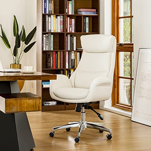 Glitzhome Home High-Back Office Chair Leather Adjustable Swivel Desk Chair With Arms, Cream #TOP2