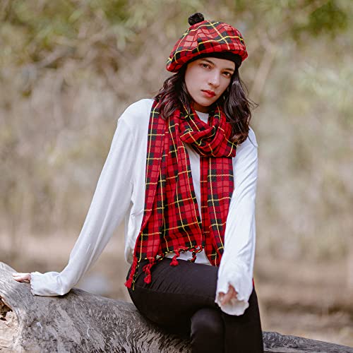 Image of Scottish Tam O' Shanter Hat Tartan Bonnet Pom Pom Wool Flat Cap One Size