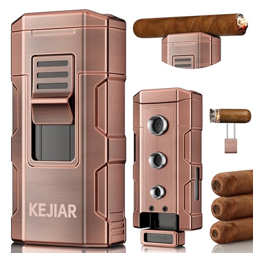 KEJIAR Cigar Torch Lighter, Refillable Dual Jet Flame Butane Lighter with 3-Size Punch Cutter, Cigar Nubber & Stand, Premium Cigar Accessories for Men (Bronze Color)