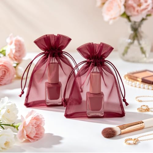 Image of joycraft 50Pcs Burgundy Organza Bags - 2.7x3.5 In Sheer Holiday Mesh Pouch, Small Jewelry Organza Drawstring Pouch for Halloween, Christmas, DIY Craft, Party Favor