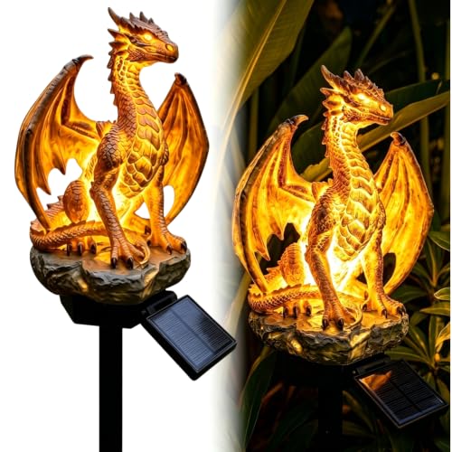 Solar Dragon Light Halloween Dragon Solar Garden Light Stake Dragon Legacy Golden Ember Edition Dragon Garden Statue Lamp Warm Glow Dragons Figurine Gift Gothic Medieval Fantasy Decor (1pcs-a)