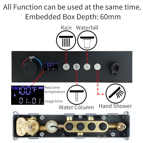 Cascada Artemisia 12"x36" LED Sistema Digital de Ducha con Bluetooth Grande (Montaje en Techo) con 5 Mandos y 4 Funciones (Doble Lluvia, Doble Cascada, Columna de Agua y Ducha de Mano) (Negro Mate) miniatura 6
