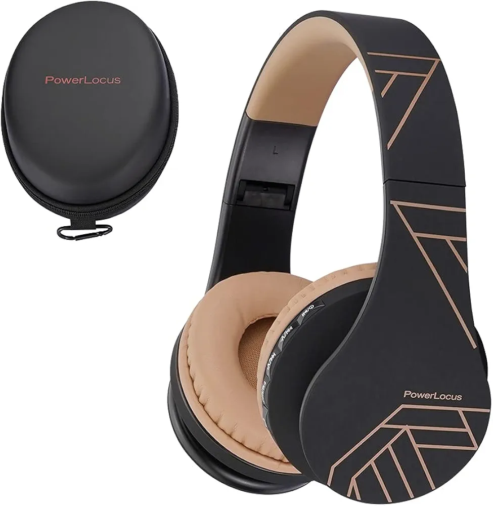 PowerLocus Casque Bluetooth sans Fil, Pliable Casque Audio Stéréo, Oreillette Bluetooth avec Micro Intégré/Micro SD/FM Radio pour Téléphones/PC/Tablettes/TV (Noir/Marron)