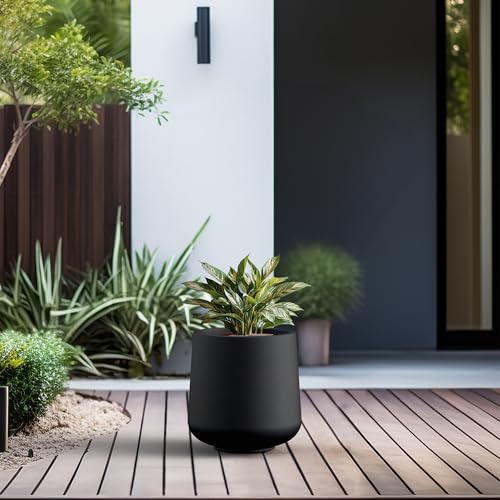 Image of Kante Black Concrete Planter 13 inch Dia All-Weather Round Accent Pot | Handcrafted Cement Curved, Anti-Frost & UV Outdoors, Plug for Indoor, Lightweight & Durable, Modern Home, Garden, Porch