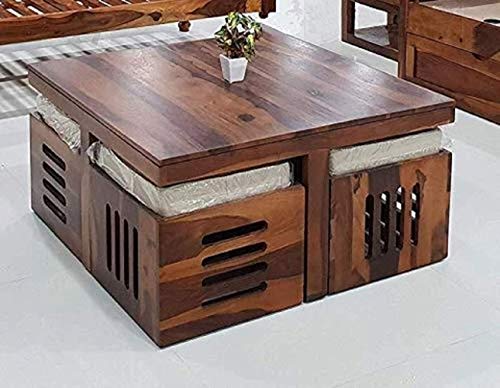 Image of Jangid Handicraft Solid Sheesham Wood Coffee Table with 4 Stool | Square Sofa Centre Table with Stool | Tea Center Table with 4 Stools for Living Room | Patio Teapoy Table with Four Puffy, Teak Brown