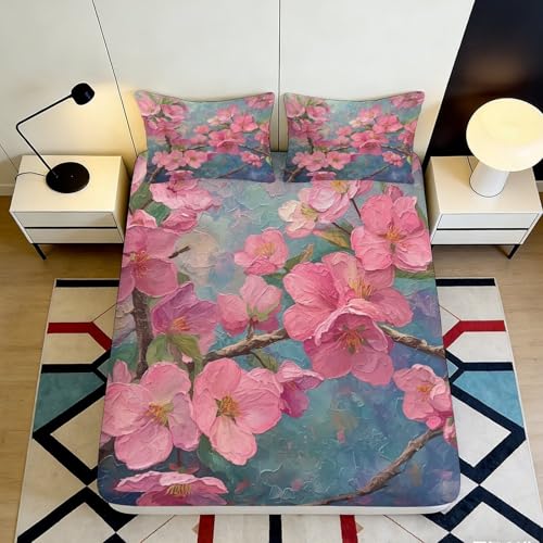 Linge de lit fleur de cerisier avec drap-housse antidérapant
