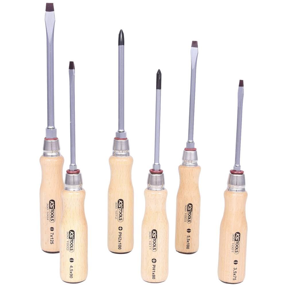 KS Tools 300.1100 ERGOTORQUE WOOD Juego de destornilladores con mango de madera, 6 pzs