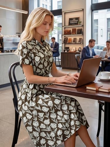 Image of Newshows Women's Work Business Casual Outfits Tie Waist Midi Shirt Dress | Lightweight & Breathable Easy-care Fabric, Side Pockets, Decent Professional Attire, Church Office Funeral Outfits