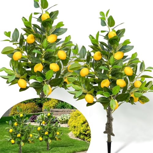 Lunmon 2 Pack 3ft/35inch Artificial Lemon Trees Realistic Faux Lemon Plants with Fake Lemons and Stakes for Garden Backyard Porch Door Lawn Room Office Home Indoor Outdoor Summer Decor