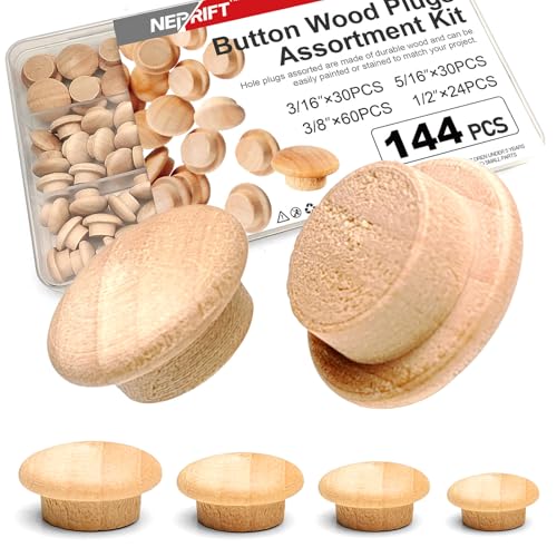 Neprift 144PCS Wood Plugs Assorted Sizes 3/16 5/16 3/8 1/2 Inch for Screw Hole Cover in Furniture Cabinet and Woodworking Repair
