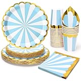 PARTY GO Vajilla Desechable de Circo Para Fiestas, 96 Piezas Incluye Platos, Vasos y Pañuelos, Para Fiestas de Cumpleaños, Vacaciones, Bodas, Decoraciones de Graduación Para 24 Personas,Azul Blanco