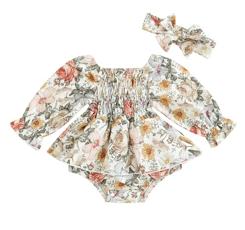 Infant Baby Girl Square-Neck Boho Floral Romper Long Sleeve Ruched Ruffle Jumpsuit Headband Newborn Spring Clothes