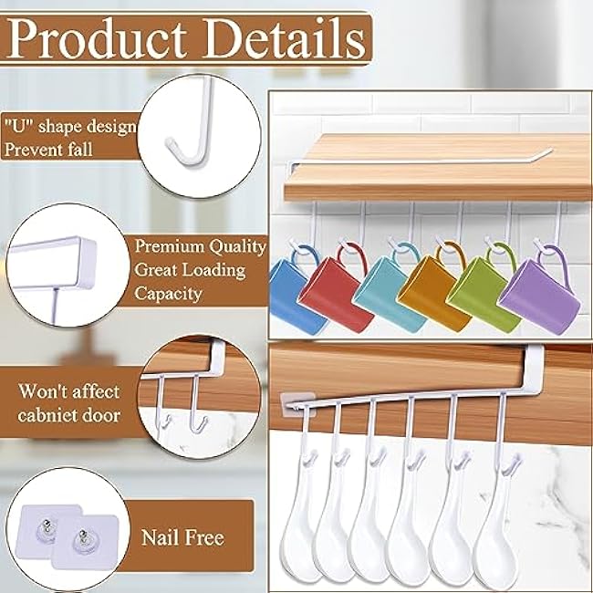 6Pcs Mug Hooks Under Cabinet,Adhesive Coffee Cups Holder Hanger no Drilling,Mug Hanger Under Shelf,Under Cabinet Mug Holder with 6 Mug Hooks for Kitchen Cabinet Shelf (Black)