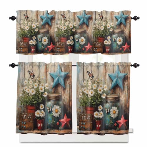 Retro Flower Kitchen Curtains 36 Inch Length,3 Piece Rod Pocket Small Half Tiers and Valance Set,Red Blue West Texas Star Rustic Butterfly Small Large Window Treatment Decor for Bedroom/Bathroom Sink