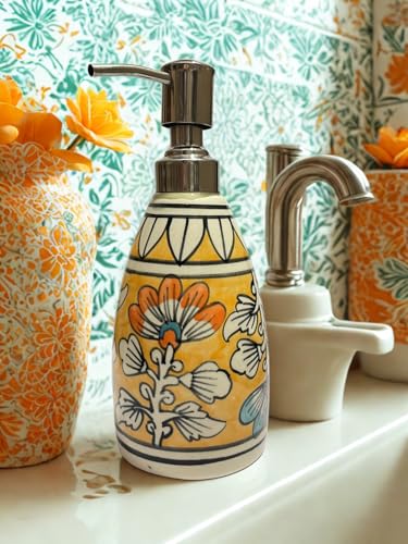 Image of Old Edge Ceramic Soap Dispenser Pump Bottle with Hand Painted Floral Design - Refillable Liquid Handwash Dispenser for Bathroom Kitchen Sink Lotion & Dishwash Use