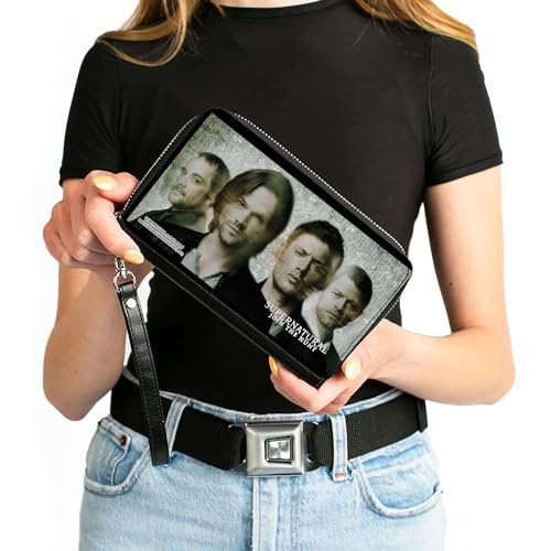 Buckle-Down Supernatural Wallet, Zip Around, Supernatural 4-Character Face Blur and Symbols Grays/Black, Vegan Leather4